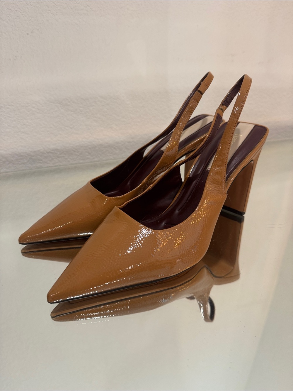 Franco Sarto Tan Patent Pointed Slingback Pumps